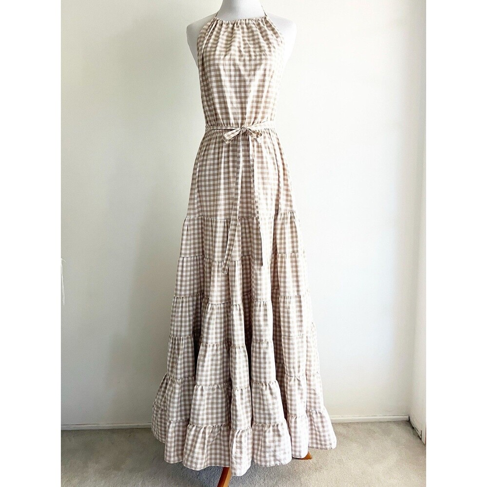 Sundress Halter Maxi Dress Size Small Gingham Tan White Tiered Tie